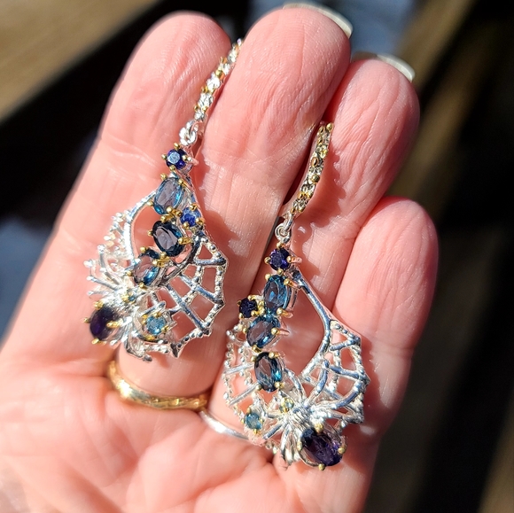 Sapphire Lolite & Topaz  Spider 🕷 on web🕸 Sterling & gold dramatic earrings - Picture 6 of 9